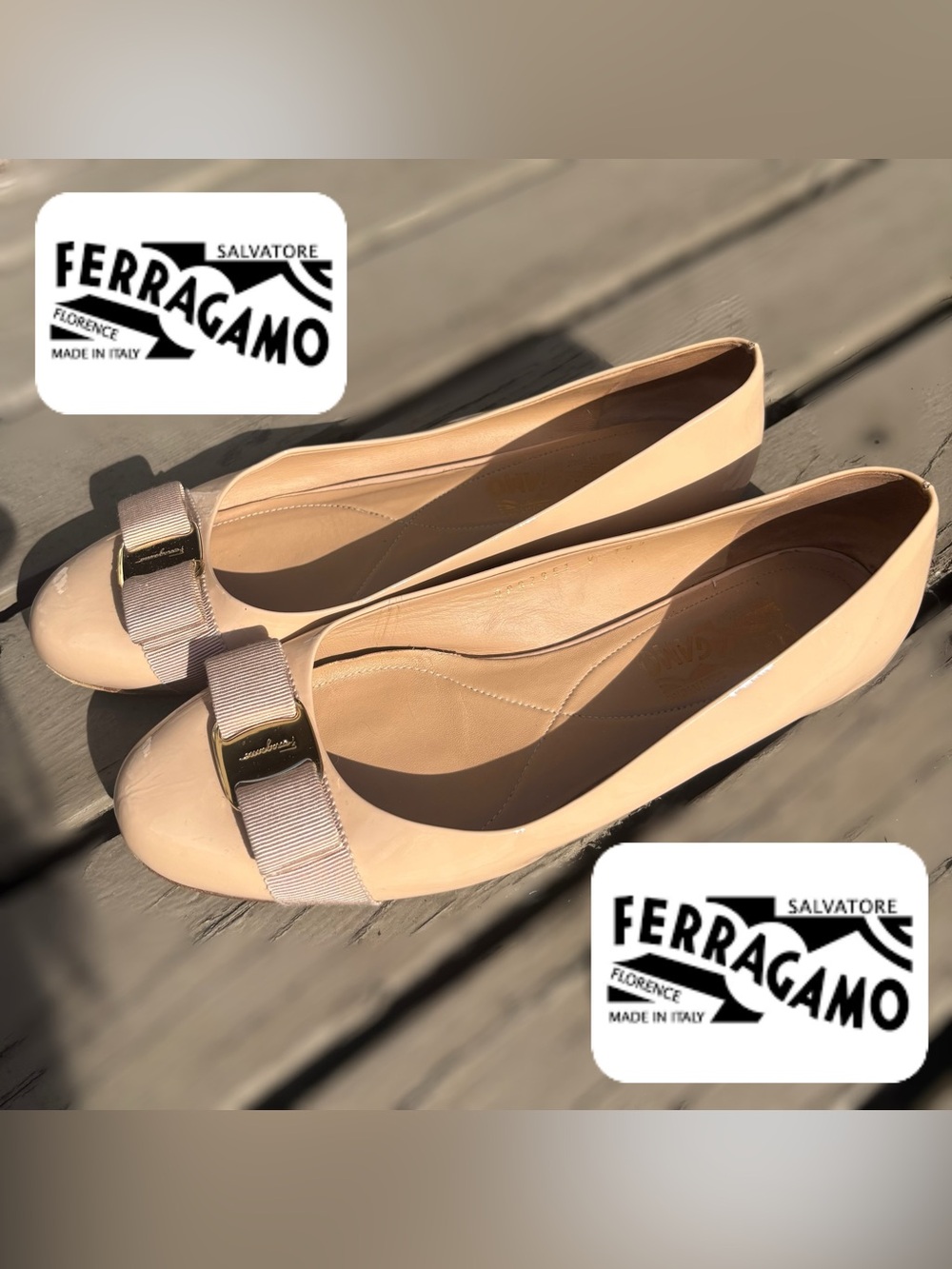 Salvatore Ferragamo Beige Patent Tan Vara Bow Flats